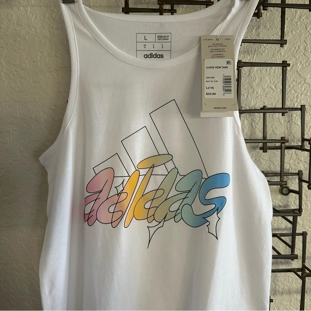 Adidas Big Girls Sleeveless Curved-Hem Cotton Logo Tank Top L